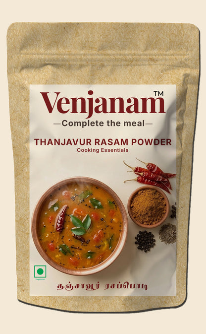 Venjanam Thanjavur Rasam Powder packaging with a bowl of rasam and spices on a beige background