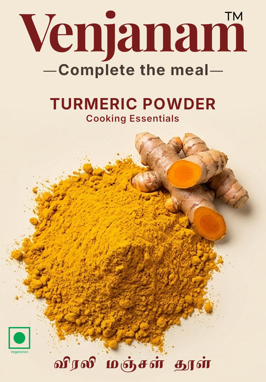 Turmeric powder with turmeric roots on a beige background, featuring the brand 'Venjanam'.