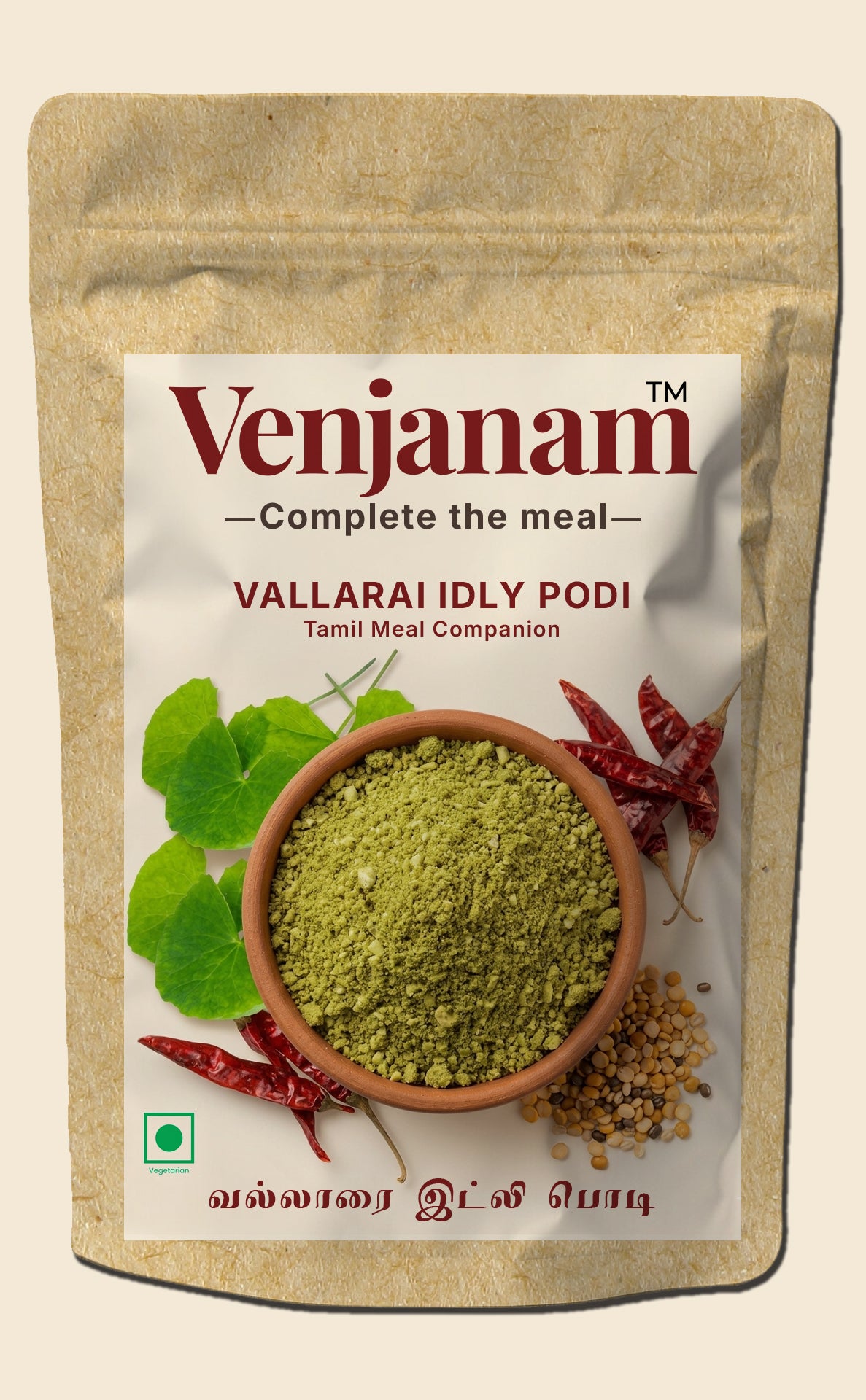 Venjanam Vallarai Idly Podi packaging with a beige background