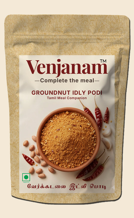 Venjanam Groundnut Idly Podi packaging with a bowl of powder and spices on a beige background