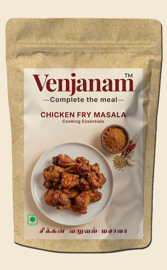 Venjanam Chicken Fry Masala packaging with chicken fry and spices on a beige background