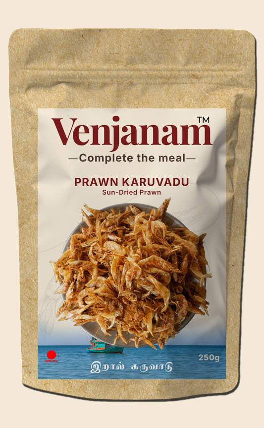 Venjanam Prawn Karuvadu packaging with a beige background