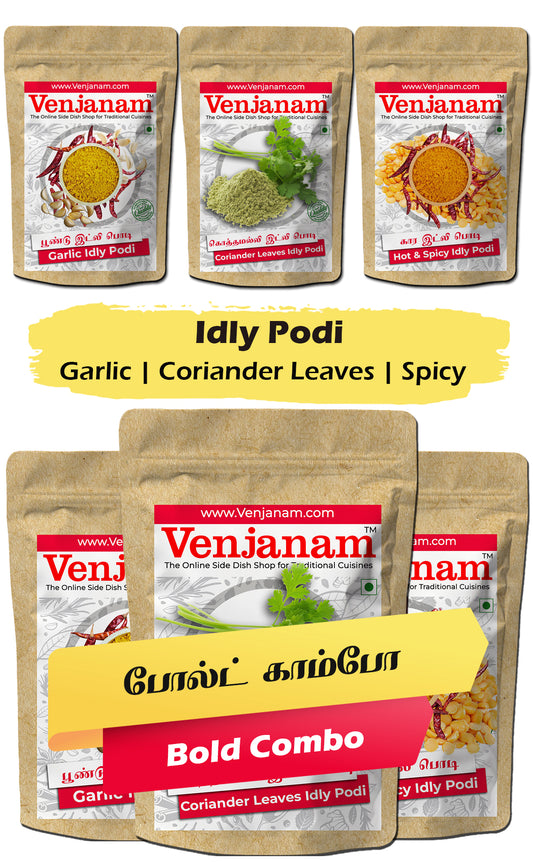 Venjanam Idly Podi packages with labels for Garlic, Coriander Leaves, and Spicy on a beige background.