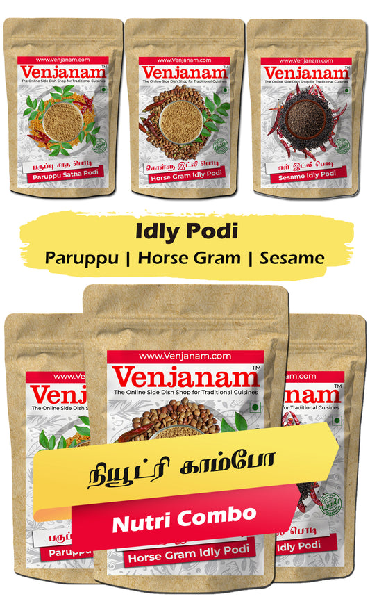 Venjanam Idly Podi packages with labels for Paruppu, Horse Gram, Sesame, and Nutri Combo.