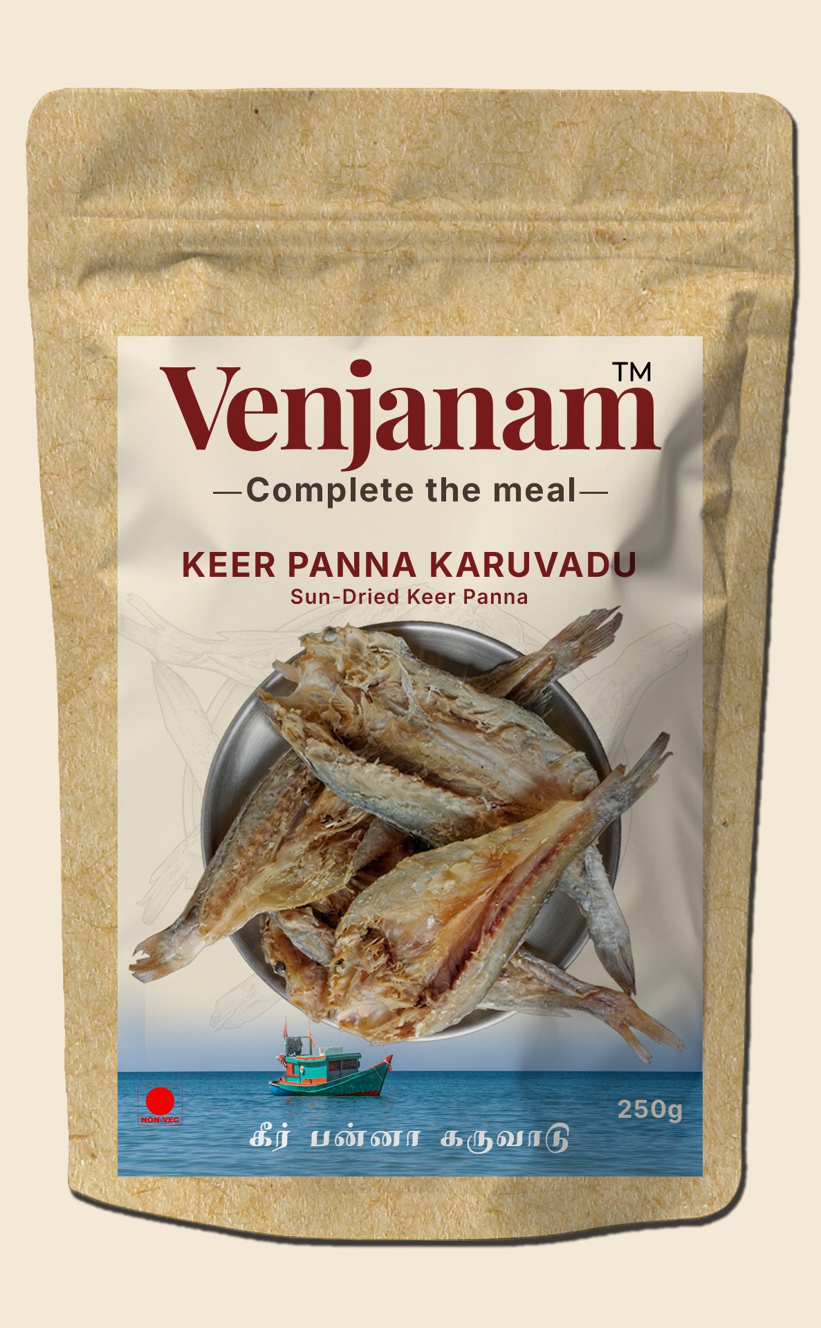 Venjanam Keer Panna Karuvadu packaging with dried fish on a beige background