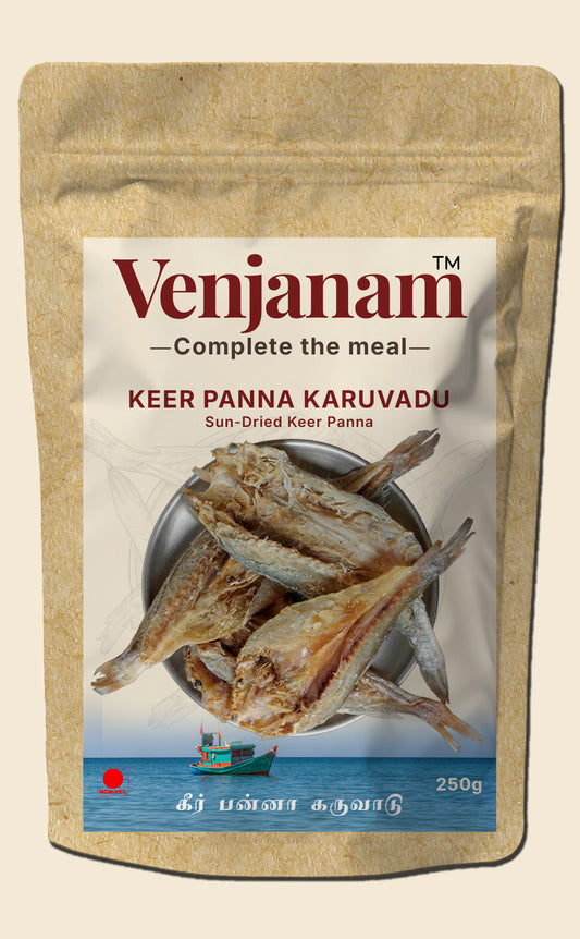 Venjanam Keer Panna Karuvadu packaging with dried fish on a beige background