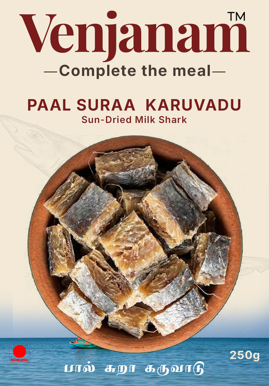 Sun-dried milk shark pieces in a bowl with 'Venjanam' branding on a beige background