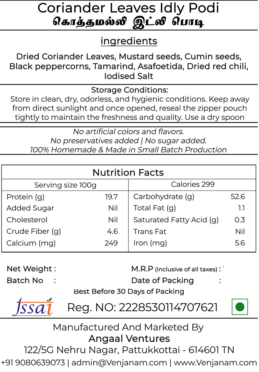 Nutrition facts label for Coriander Leaves Idly Podi.