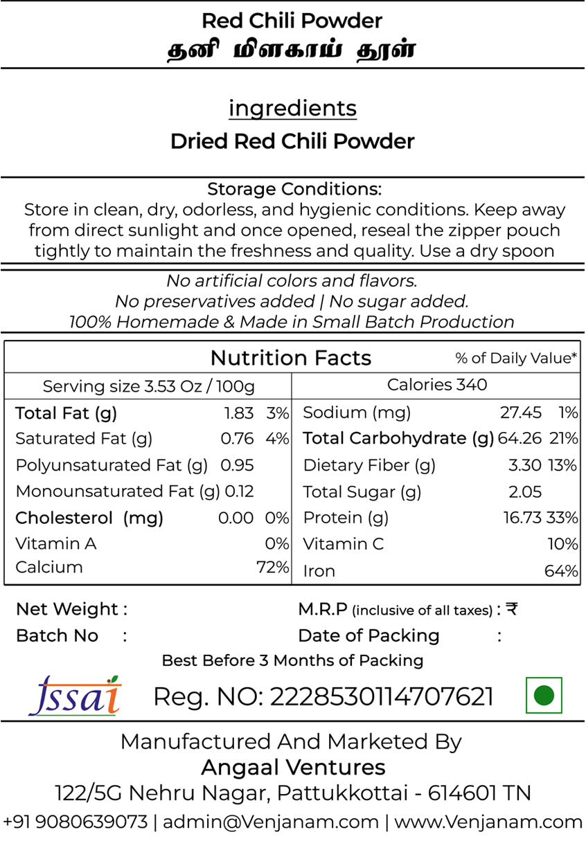A clear image of the back of a **Venjanam Red Chilli Powder** pouch, detailing ingredients (Dried Red Chili Powder), storage, nutrition facts, FSSAI registration, and manufacturing information. Highlights include "No artificial colors/flavors/preservatives/sugar added" and "100% Homemade & Made in Small Batch Production."