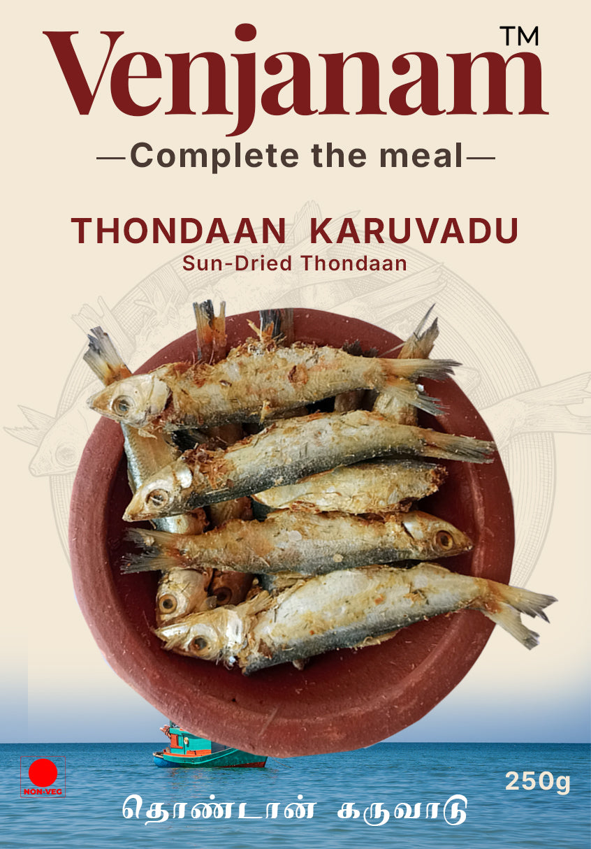 Product packaging of Venjanam Thondaan Karuvadu with sun-dried thondaan fish.