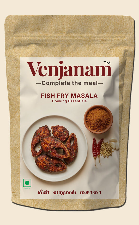 Venjanam Fish Fry Masala packaging with text and images of fish fry and spices on a beige background.