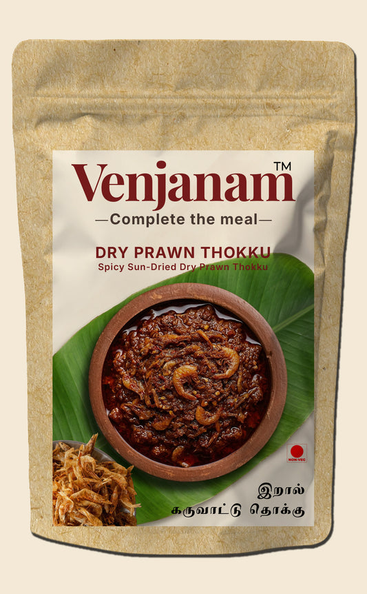 Venjanam Dry Prawn Thokku packaging with text and image of the product on a beige background