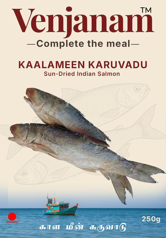 Venjanam sun-dried Indian salmon packaging with two salmon on a background of water and a boat.