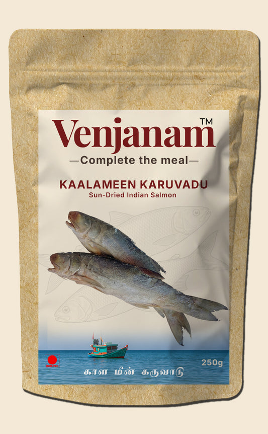 Venjanam sun-dried Indian salmon package with two fish on a beige background