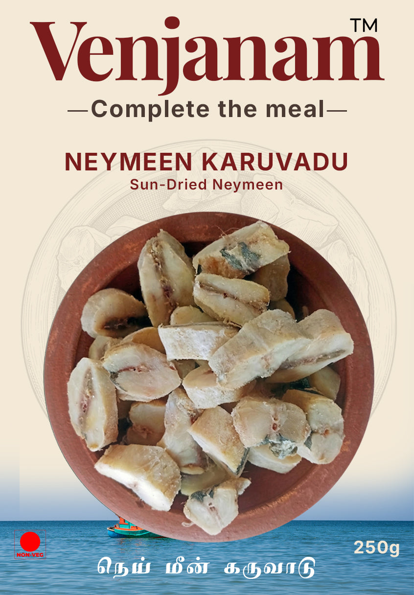 Product packaging of Venjanam Neymeen Karuvadu with a bowl of sun-dried neymeen on a beige background.