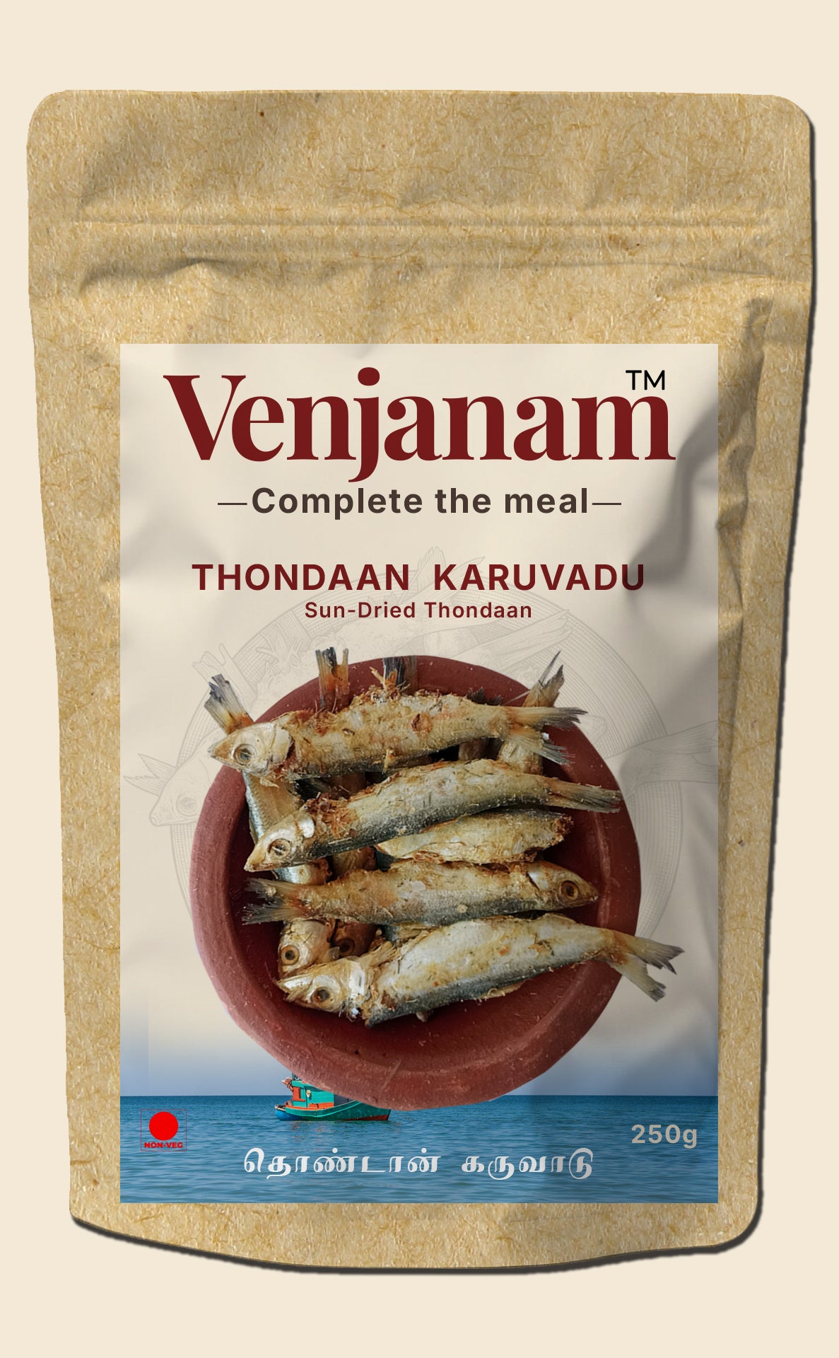 Venjanam Thondaan Karuvadu packaging with sun-dried thondaans on a beige background