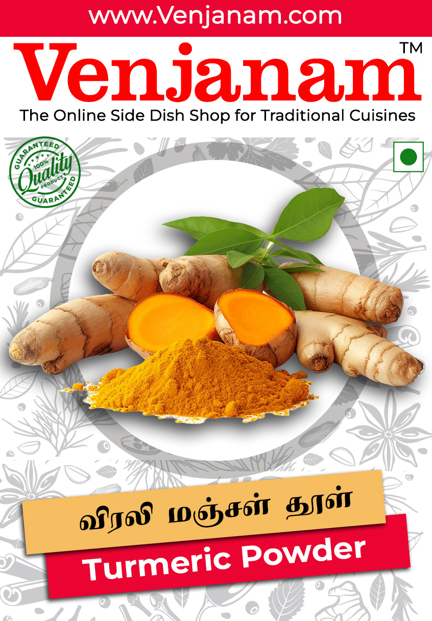 Close-up of fresh turmeric roots, ground turmeric powder, and green leaves on a product advertisement.