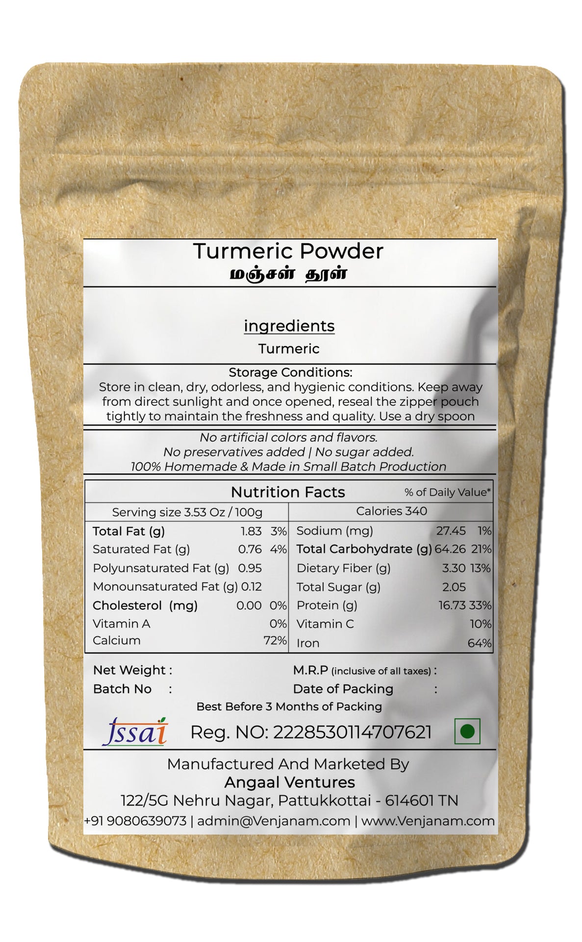 A brown kraft bag of turmeric powder.
